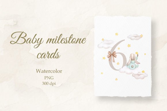Baby Milestone Card Watercolor 6 Months Illustrations