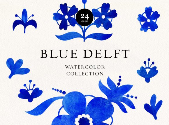 Blue Delft Watercolor Floral Elements: Illustrations Review