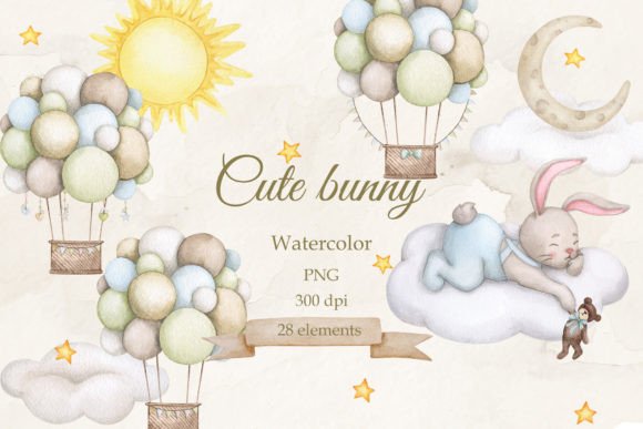 Bunny Dreams Watercolor PNG: Editorial Illustrations