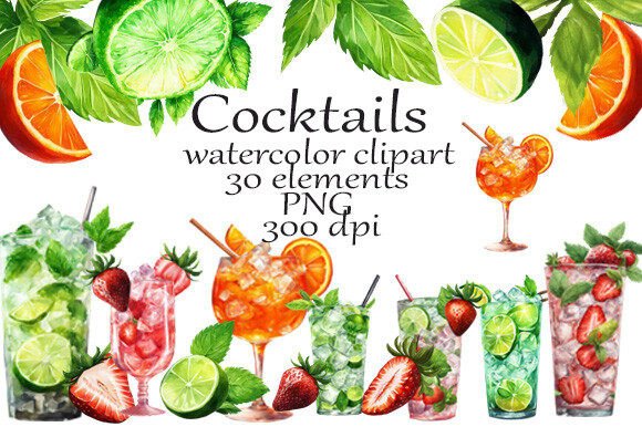 Cocktails Watercolor Clipart PNG for Illustrations