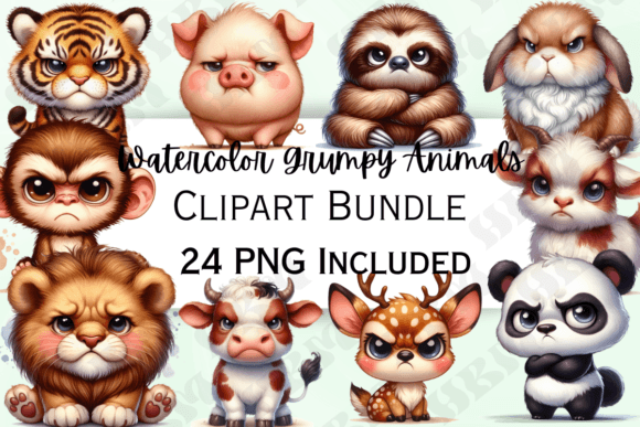 Cute Watercolor Grumpy Animals Illustrations