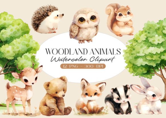 Cute Woodland Animals Watercolor Clipart Illustrations