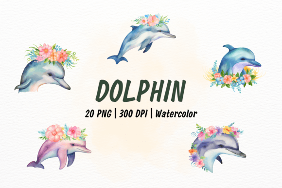 Floral Dolphin Watercolor Clipart: Editorial Illustrations