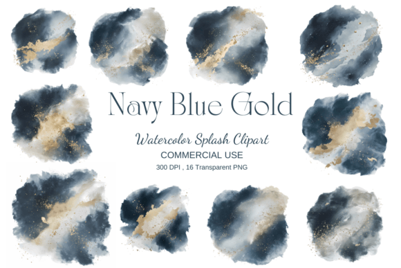 Navy Blue Gold Watercolor Splash Illustrations