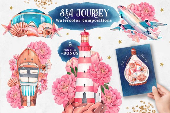 Sea Journey Summer Watercolor Clipart Illustrations