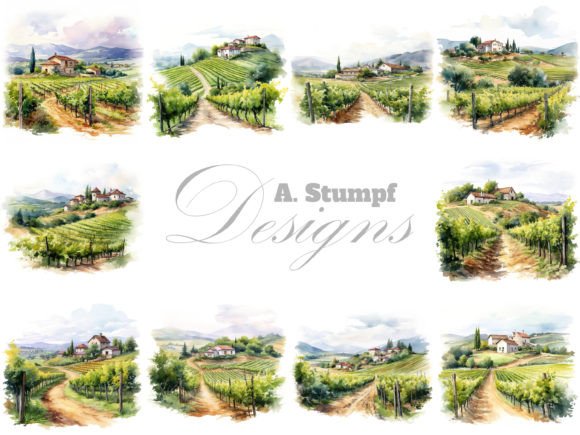 Vineyard Landscape Watercolor Clipart Illustrations