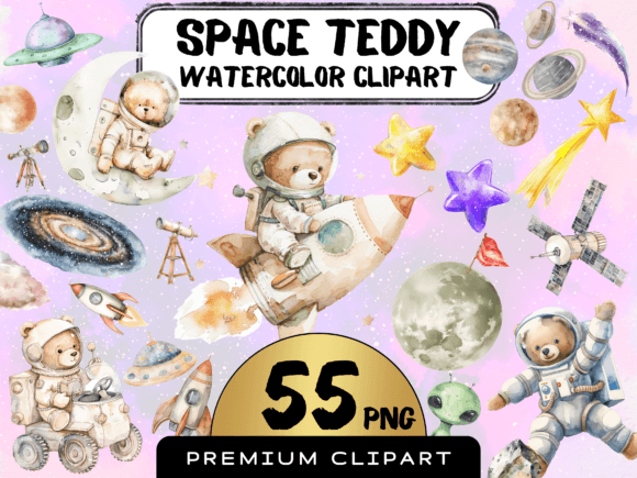 Watercolor Astronaut Teddy Bear Clipart Illustrations