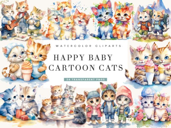 Watercolor Baby Cartoon Cats Illustrations Review