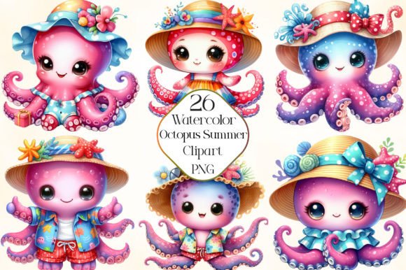 Watercolor Baby Octopus Summer Clipart Illustrations