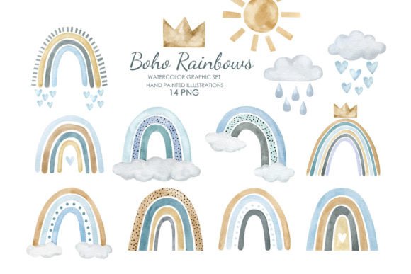 Watercolor Boho Blue Rainbow Clipart Illustrations