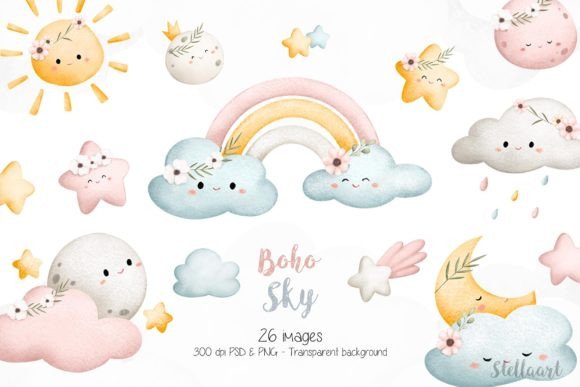 Watercolor Boho Sky Character Illustrations Review