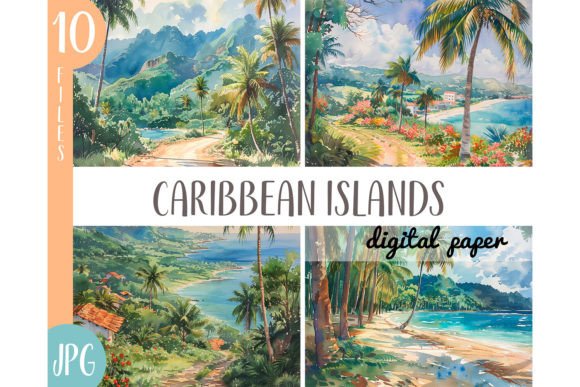Watercolor Caribbean Islands Clipart JPG Illustrations