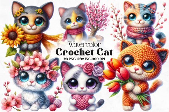 Watercolor Crochet Cat Clipart: Editorial Illustrations