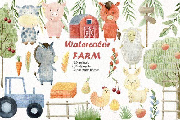 Watercolor Farm Animals. Kit. for Charming Illustrations