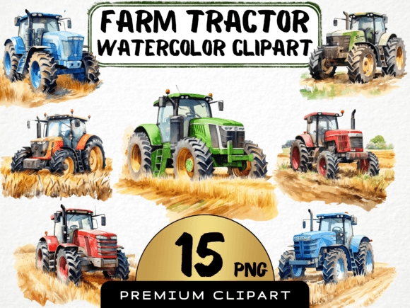 Watercolor Farm Tractor Clipart 15 PNG Illustrations