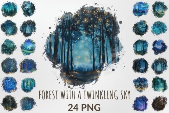 Watercolor Forest with a Twinkling Sky Illustrations