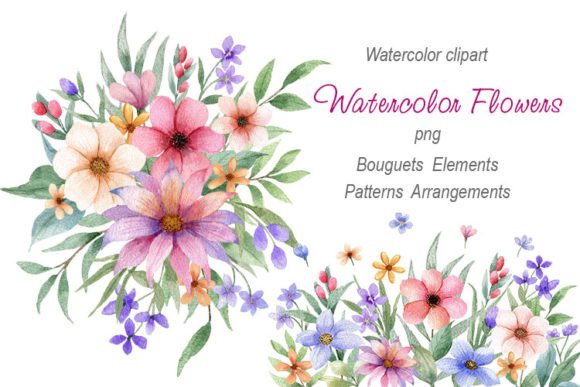 Watercolor Garden Flowers PNG Clipart Illustrations