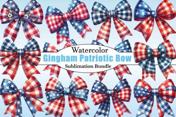 Watercolor Gingham Patriotic Bow Clipart Illustrations