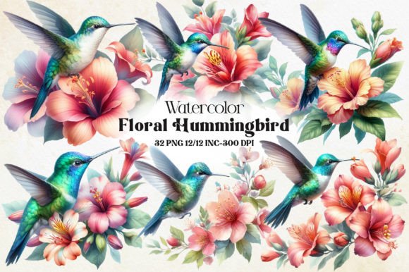 Watercolor Hummingbird Flowers Clipart Illustrations