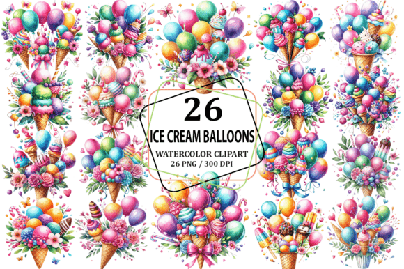 Watercolor Ice Cream Balloons Clipart Illustrations