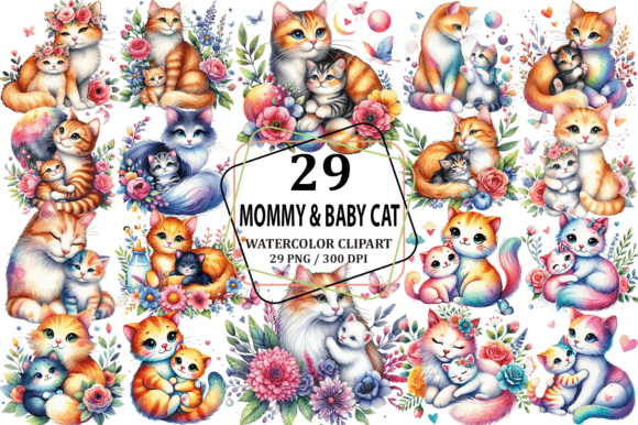 Watercolor Mommy Baby Cat Clipart PNG Illustrations