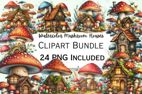 Watercolor Mushroom Houses Clipart for Illustrations