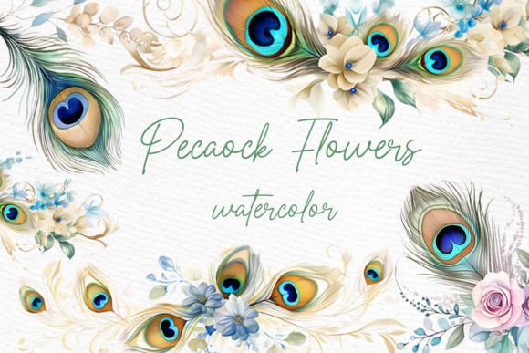Watercolor Peacocks Flowers Clipart Gold Illustrations