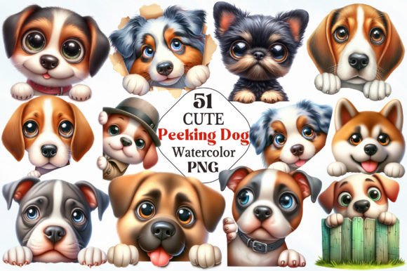 Watercolor Peeking Dog Clipart Bundle: Editorial Illustrations