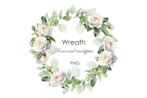 Watercolor Roses and Eucalyptus Wreath Illustrations