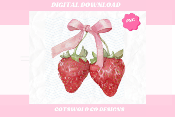 Watercolor Strawberries Bows PNG Design for Illustrations