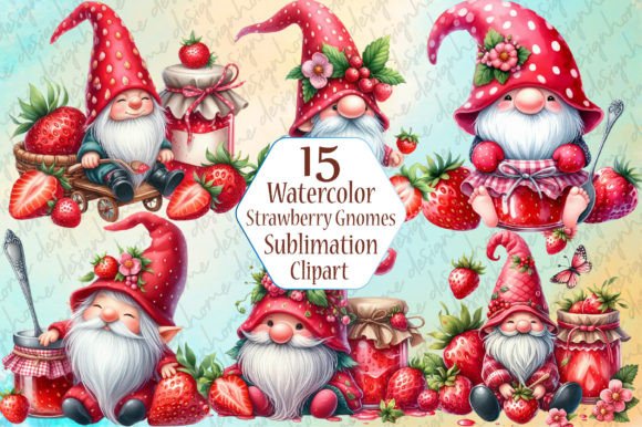 Watercolor Strawberry Gnomes Clipart Illustrations