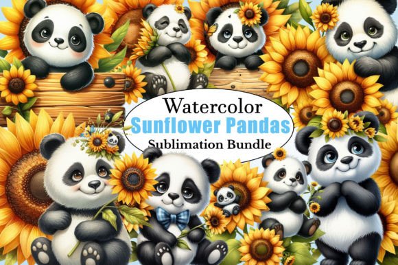 Watercolor Sunflower Panda PNG: Editorial Illustrations